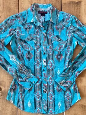 ROCK&ROLL COWGIRL WOMENS SOUTHWEST AZTEC FITTED PEARL SNAP FRONT BLOUSE SMALL